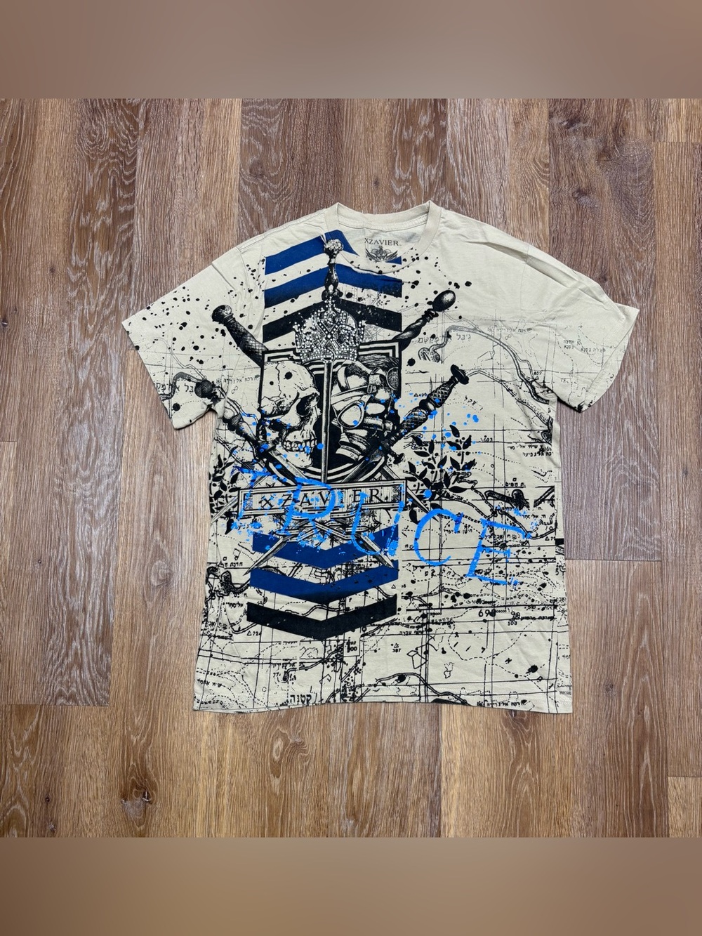 Xzavier Short Sleeve Graphic Tee - Cream with Blue & Black Print